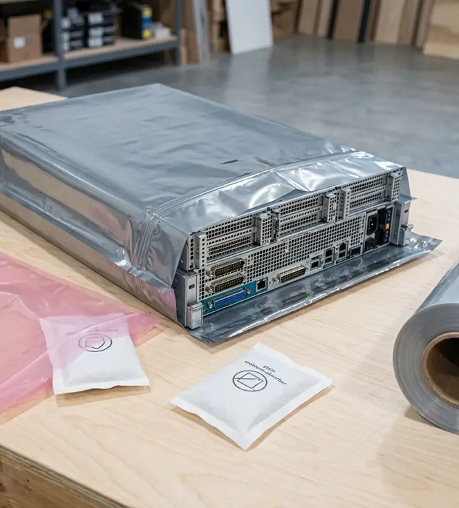 Electronics sealed in anti-static film and Marvel Seal moisture barrier with desiccant before crating