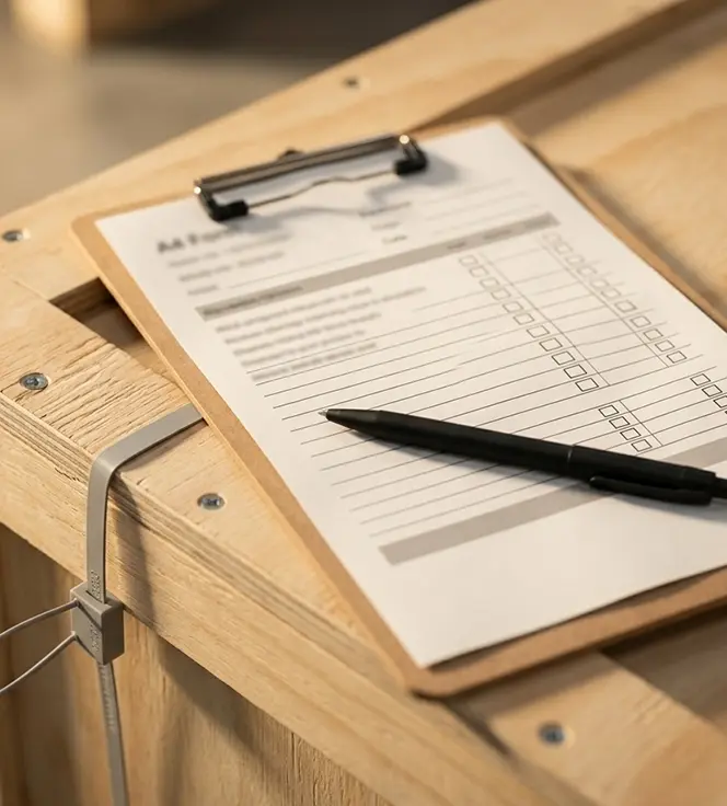 Chain of custody paperwork being completed beside a sealed crate holding controlled goods