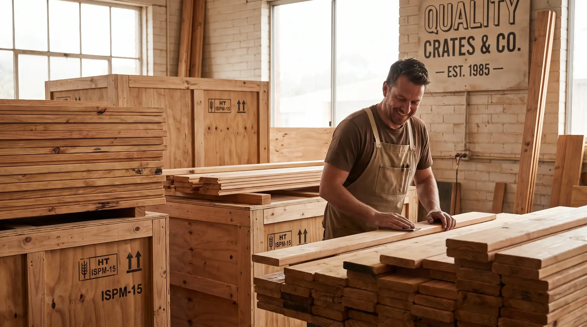 A person works in a woodworking or carpentry workshop surrounded by stacks of wooden planks and ISPM-15 compliant crates. They are measuring or examining a piece of wood, emphasizing a professional environment focused on quality craftsmanship.