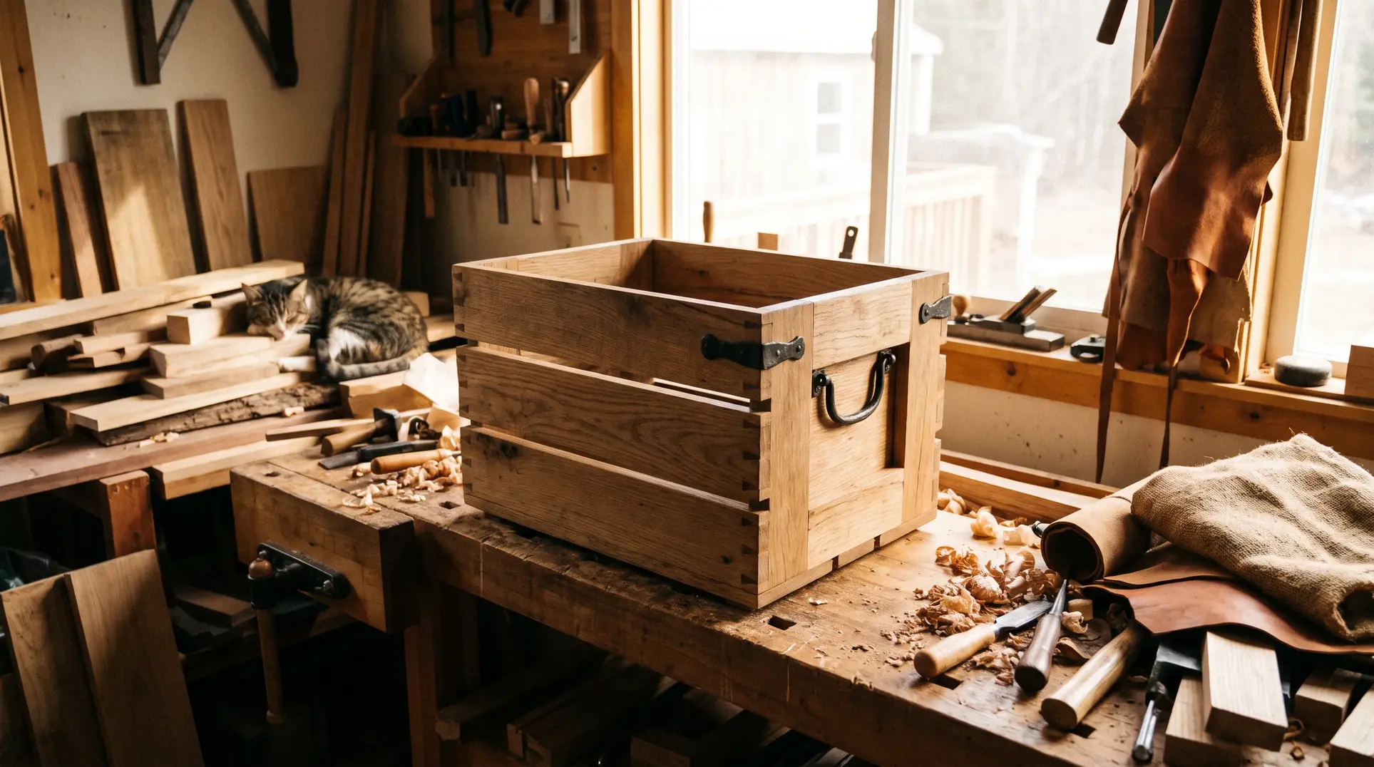 A woodworking scene featuring a wooden crate with metal handles on a workbench, surrounded by wood shavings and various tools like chisels and a plane. In the background, a cat sleeps on a stack of wooden planks in a cozy workshop lit by natural light streaming through a window.