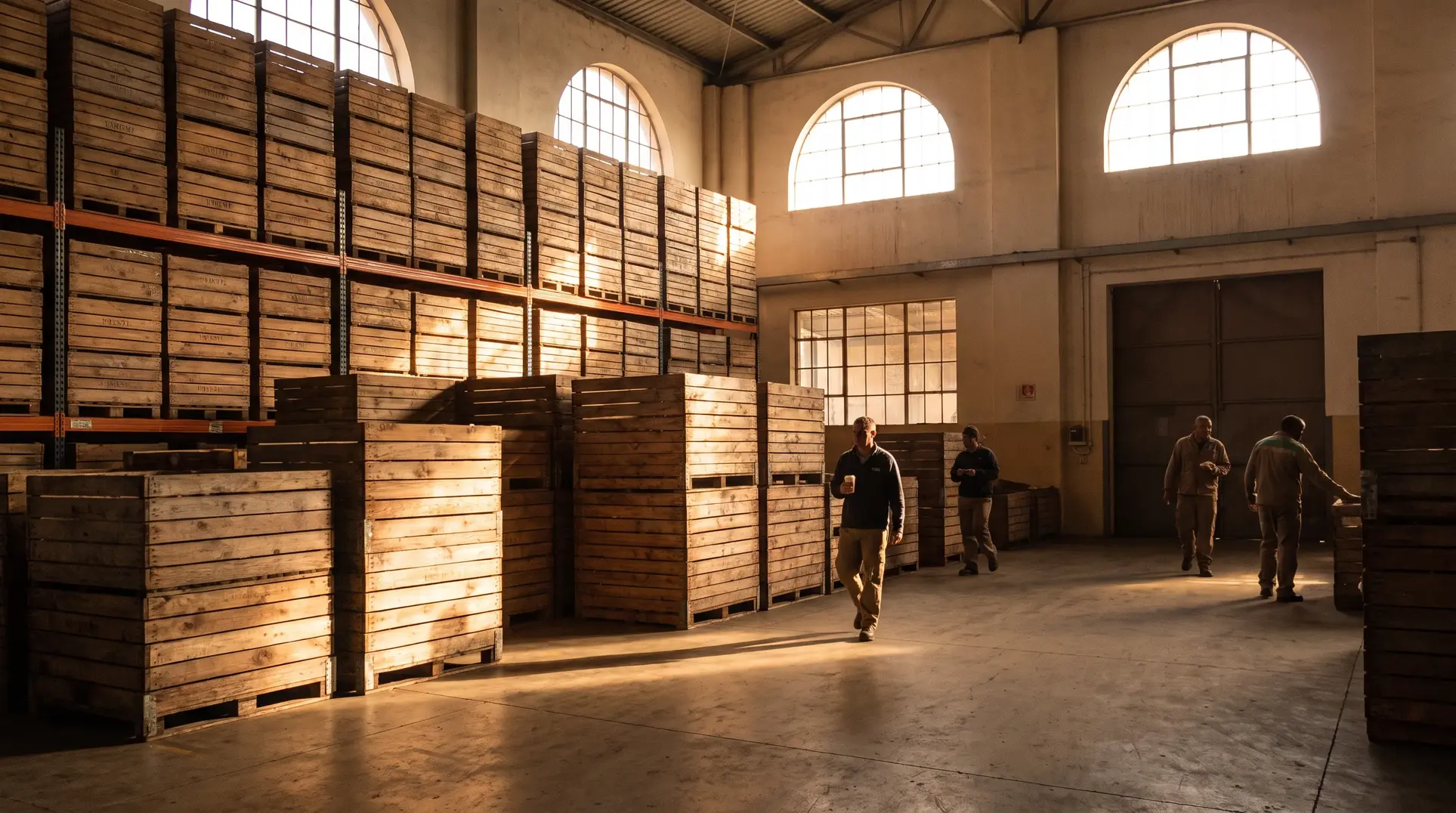 An interior view of a warehouse featuring large wooden crates stacked against the walls. The space is illuminated by natural light streaming through large arched windows. Several people are walking through the area, suggesting it might be used for storage or manufacturing.