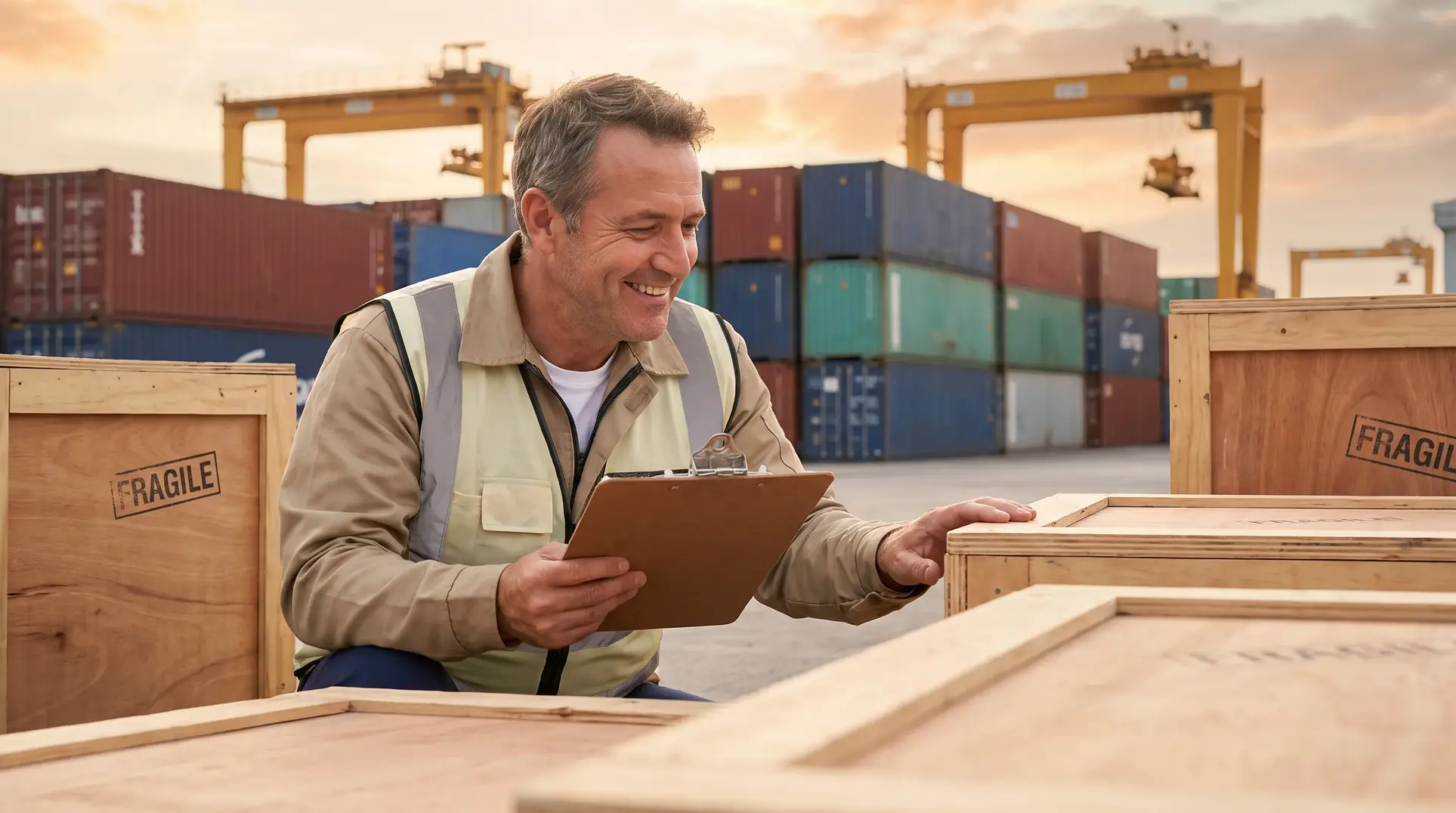 A man in a work vest holds a clipboard and inspects wooden crates labeled 'FRAGILE' in a shipping yard. The background features stacked cargo containers and large industrial cranes, suggesting a logistics or freight handling environment.