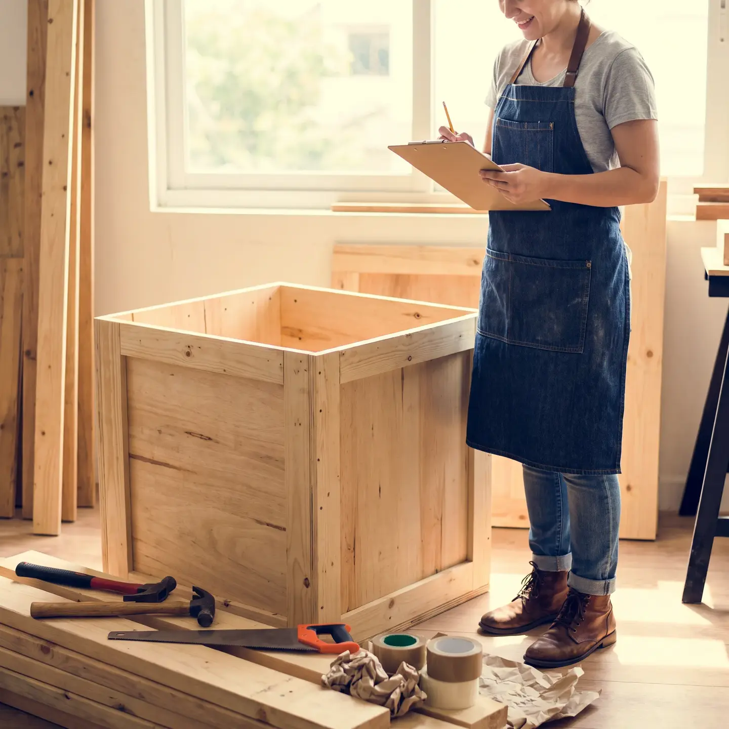 Shipping coordinator reviewing crate building process