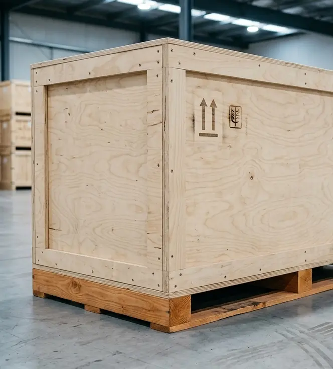 Heat treated ISPM-15 export crate on skids ready for international shipment at AML Crating Ottawa