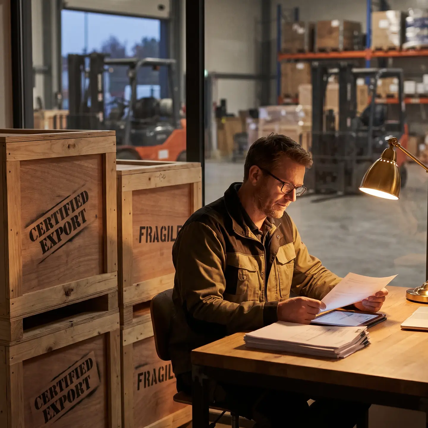 Logistics expert reviewing documents and crates