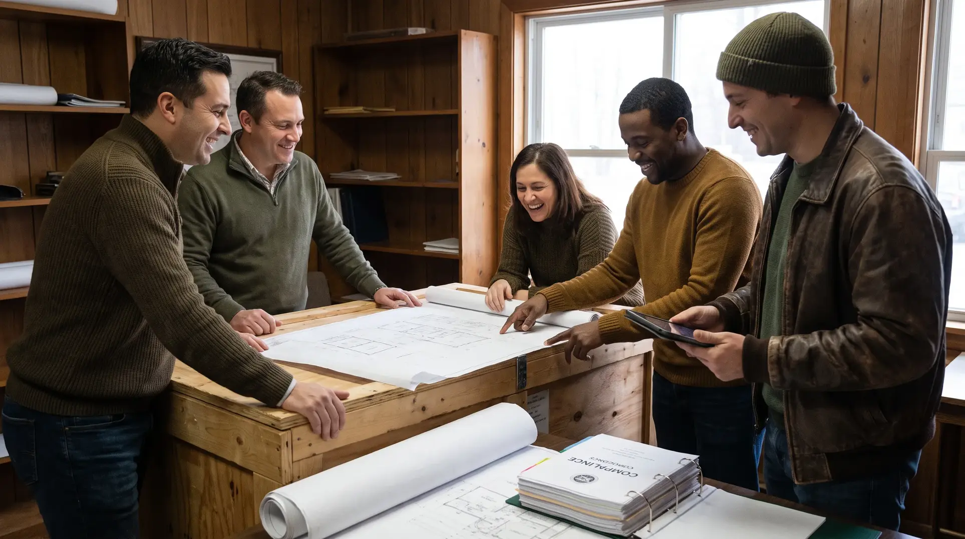 A group of five people gathered around a table reviewing architectural plans or blueprints in a well-lit office with wooden walls, shelves, and large windows. The team appears engaged in discussion, creating a positive and collaborative atmosphere.