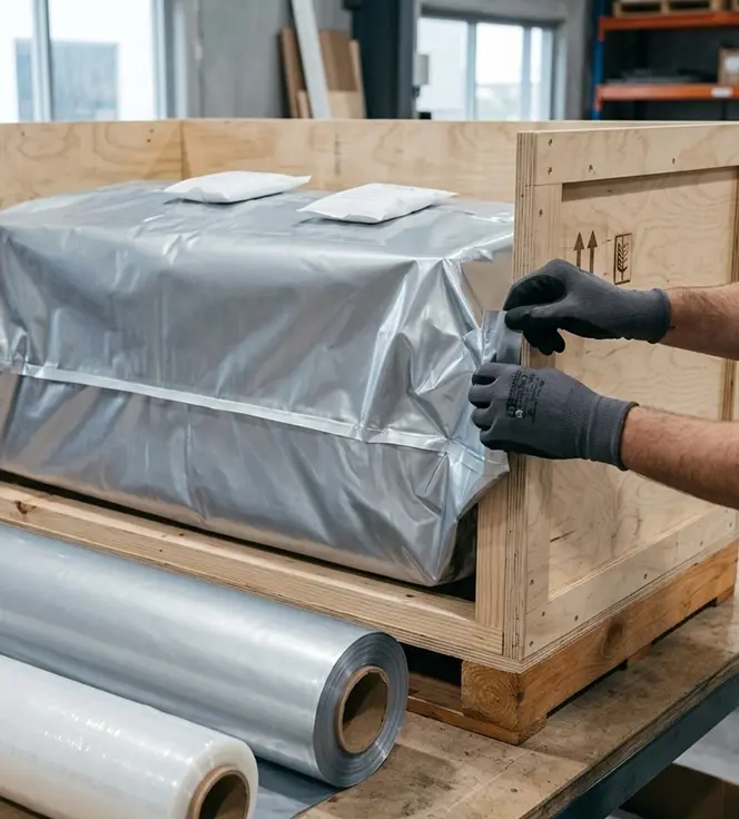 Export crate sealed with a moisture barrier and marine wrap prepared for ocean freight