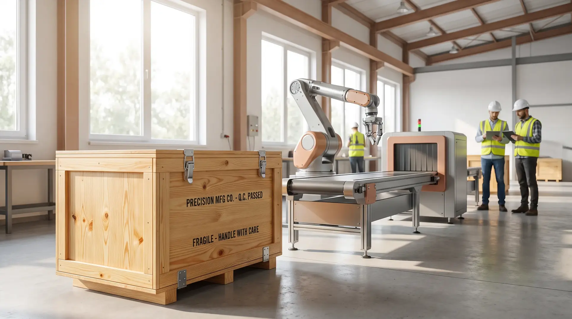 A spacious, well-lit industrial facility featuring a wooden crate labeled 'PRECISION MFG CO. - Q.C. PASSED' and 'FRAGILE - HANDLE WITH CARE' in the foreground next to a robotic arm positioned over a conveyor belt. In the background, two individuals wearing safety vests and helmets are holding clipboards, appearing to inspect or discuss the setup.