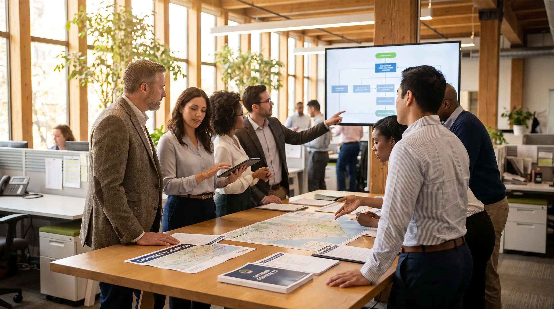 A group of people in an office setting are gathered around a table for a meeting. Some are reviewing documents and maps on the table, while one person points at a flowchart displayed on a screen. The office has large windows and indoor plants, reflecting a modern, open design.