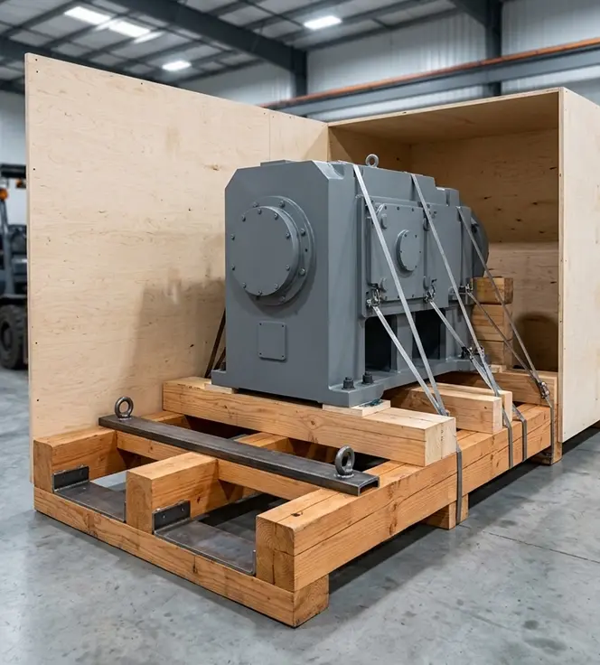 Oversized industrial machinery secured on a heavy duty skidded export crate base