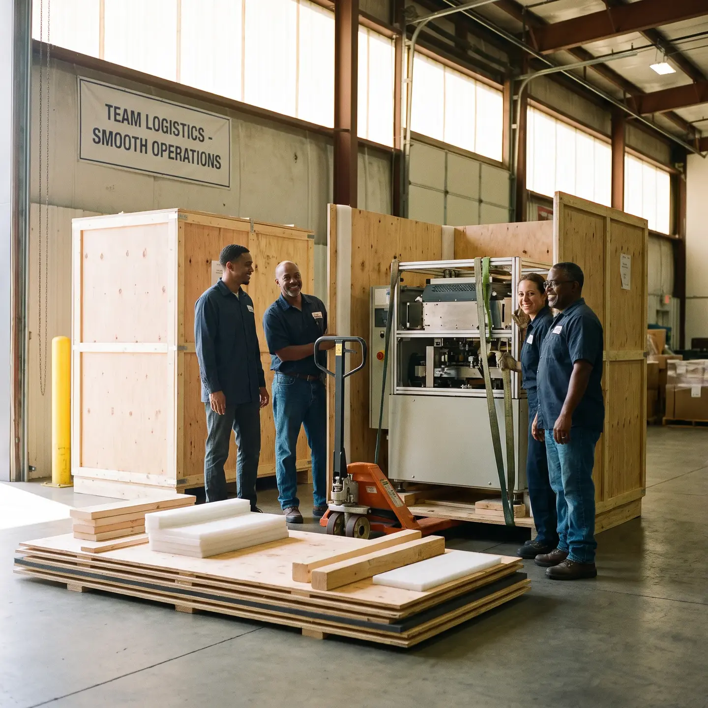 Receiving team unpacking standardized crates