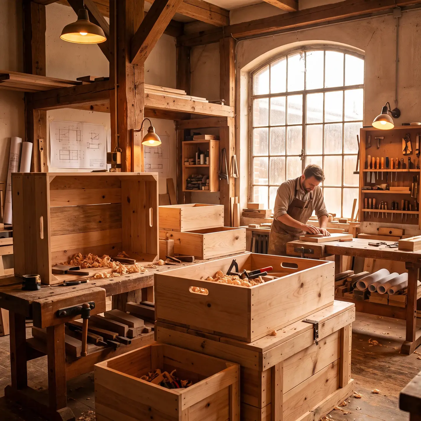 Crate building workspace with materials and tools