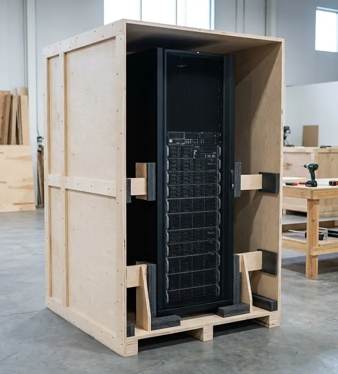 Server rack secured inside a custom wooden crate with foam blocking at AML Crating in Ottawa