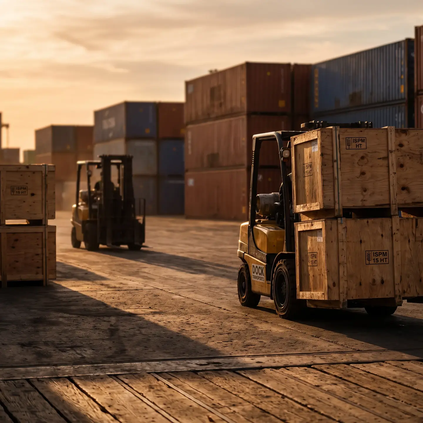 Shipping dock with forklifts and crates