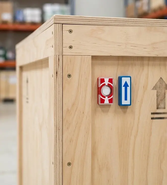 Tip and shock indicators fitted to the outside of a crate carrying sensitive electronic equipment