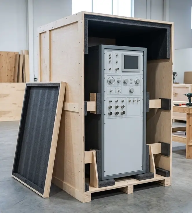 Foam-lined custom crate built around a test station showing engineered blocking and bracing