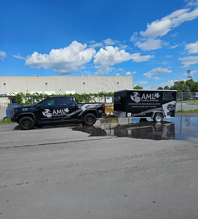 AML Crating branded pickup truck and enclosed trailer outside the Ottawa facility, showing Controlled Goods Program and ISPM-15 certification marks