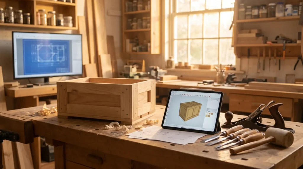 A woodworking workshop featuring a wooden box on a workbench surrounded by tools like chisels and a hand plane. A tablet on the bench shows a 3D model of the box, while a computer monitor in the background displays a blueprint. Shelves hold jars and additional tools. The room is illuminated with natural light from a large window.