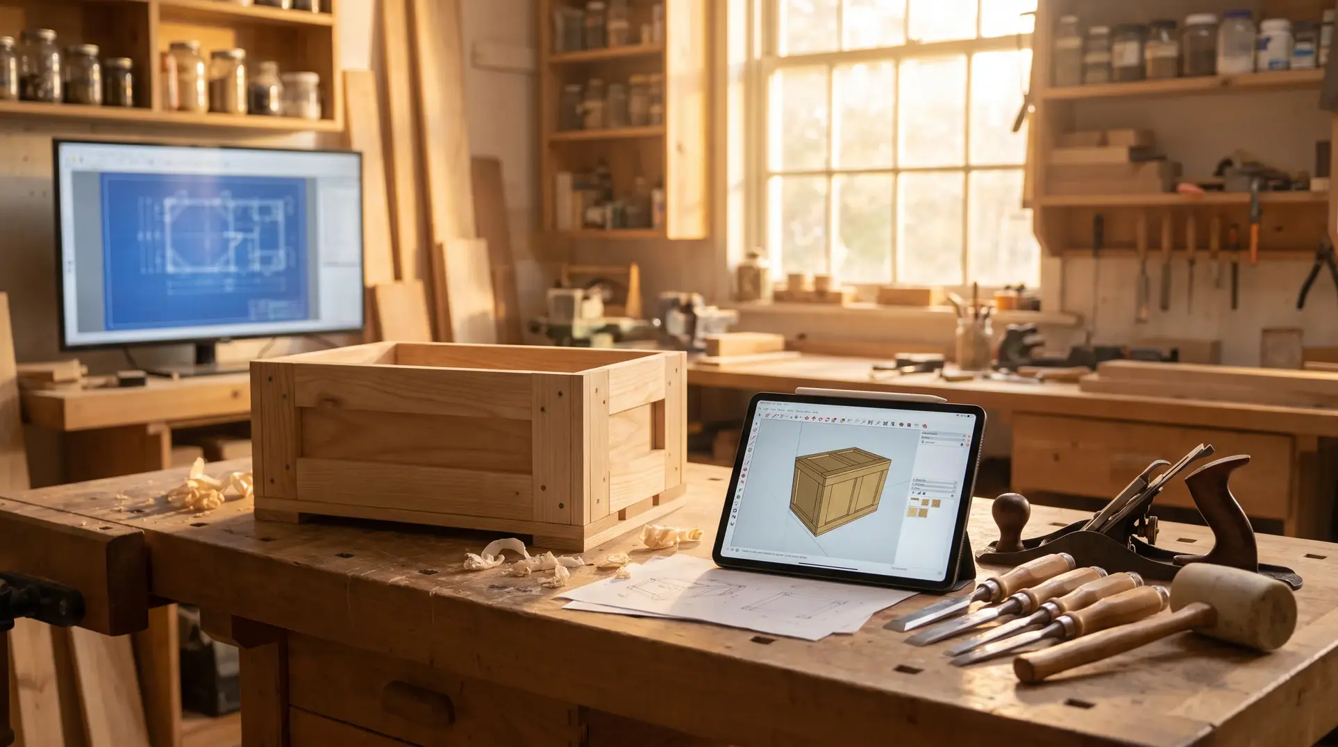 A woodworking workshop featuring a wooden box on a workbench surrounded by tools like chisels and a hand plane. A tablet on the bench shows a 3D model of the box, while a computer monitor in the background displays a blueprint. Shelves hold jars and additional tools. The room is illuminated with natural light from a large window.