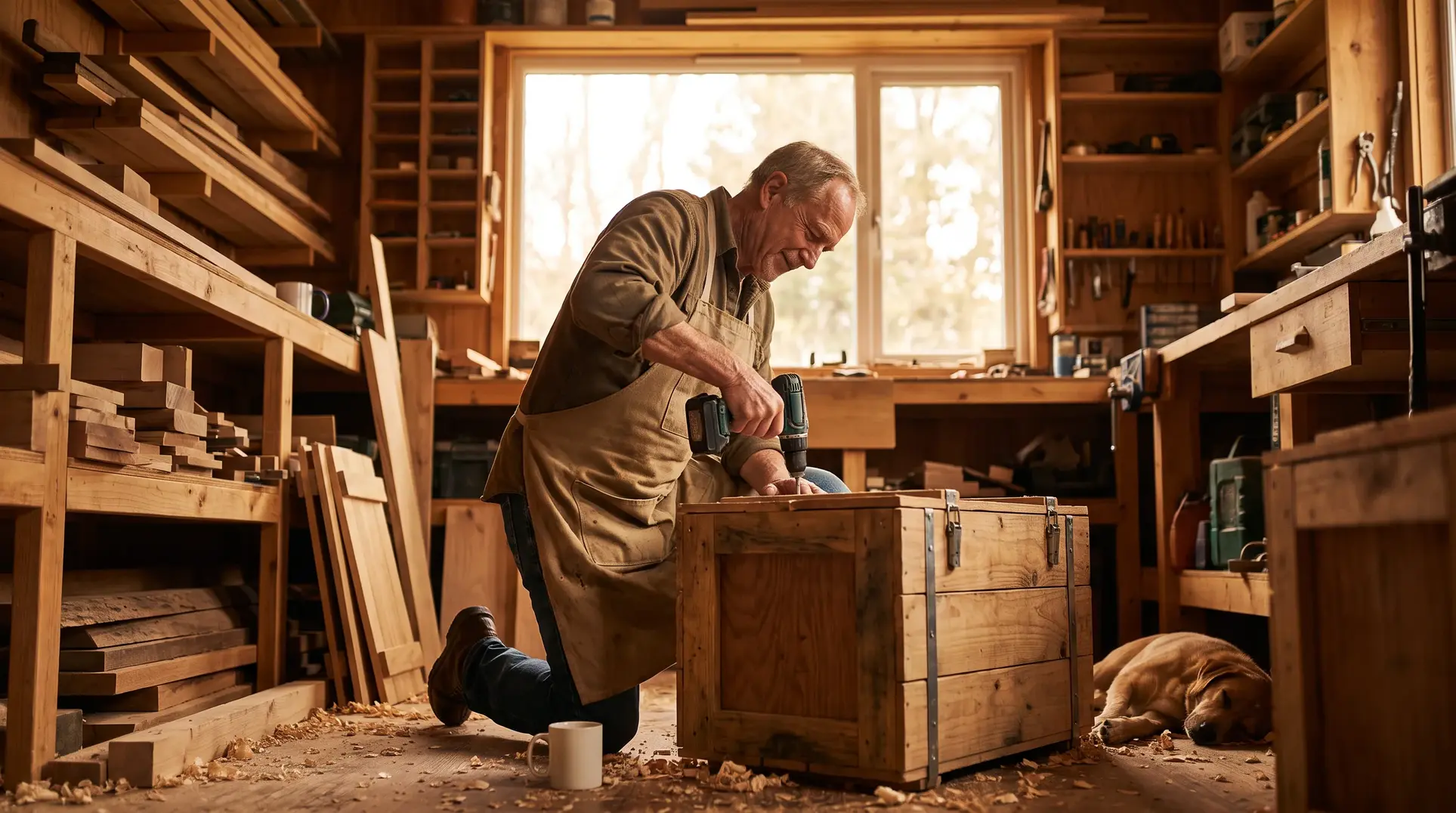 A man wearing an apron uses a power drill on a wooden crate in a workshop filled with tools, wooden planks, and shelves. Natural light streams through a large window, and a dog is resting on the floor nearby, adding to the cozy and industrious atmosphere.