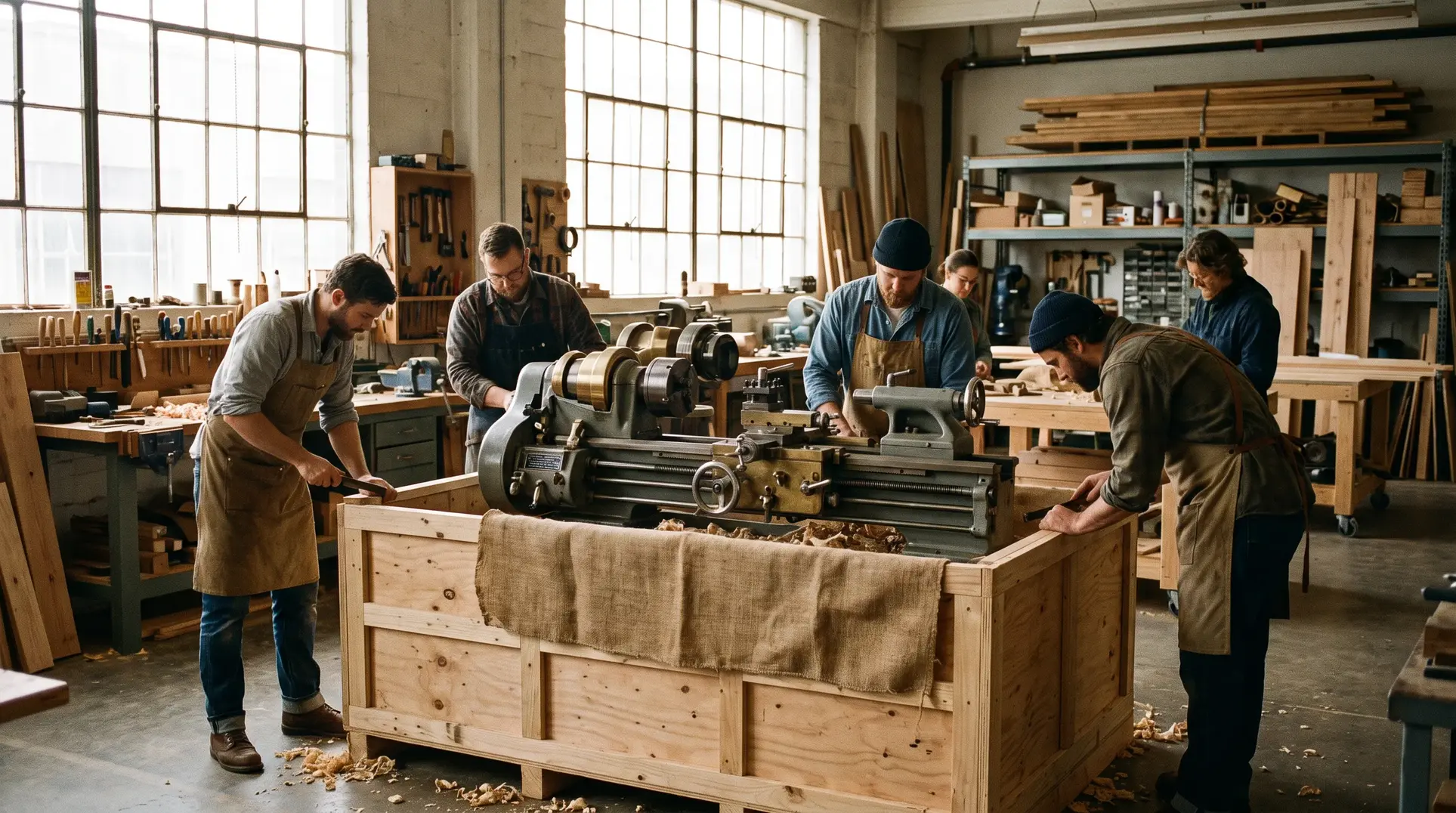 A woodworking shop where several people in work aprons are actively crafting using a large piece of equipment, possibly a lathe, on a wooden workbench. The shop is well-lit with large windows and equipped with various tools, wood pieces, and shelves filled with supplies.