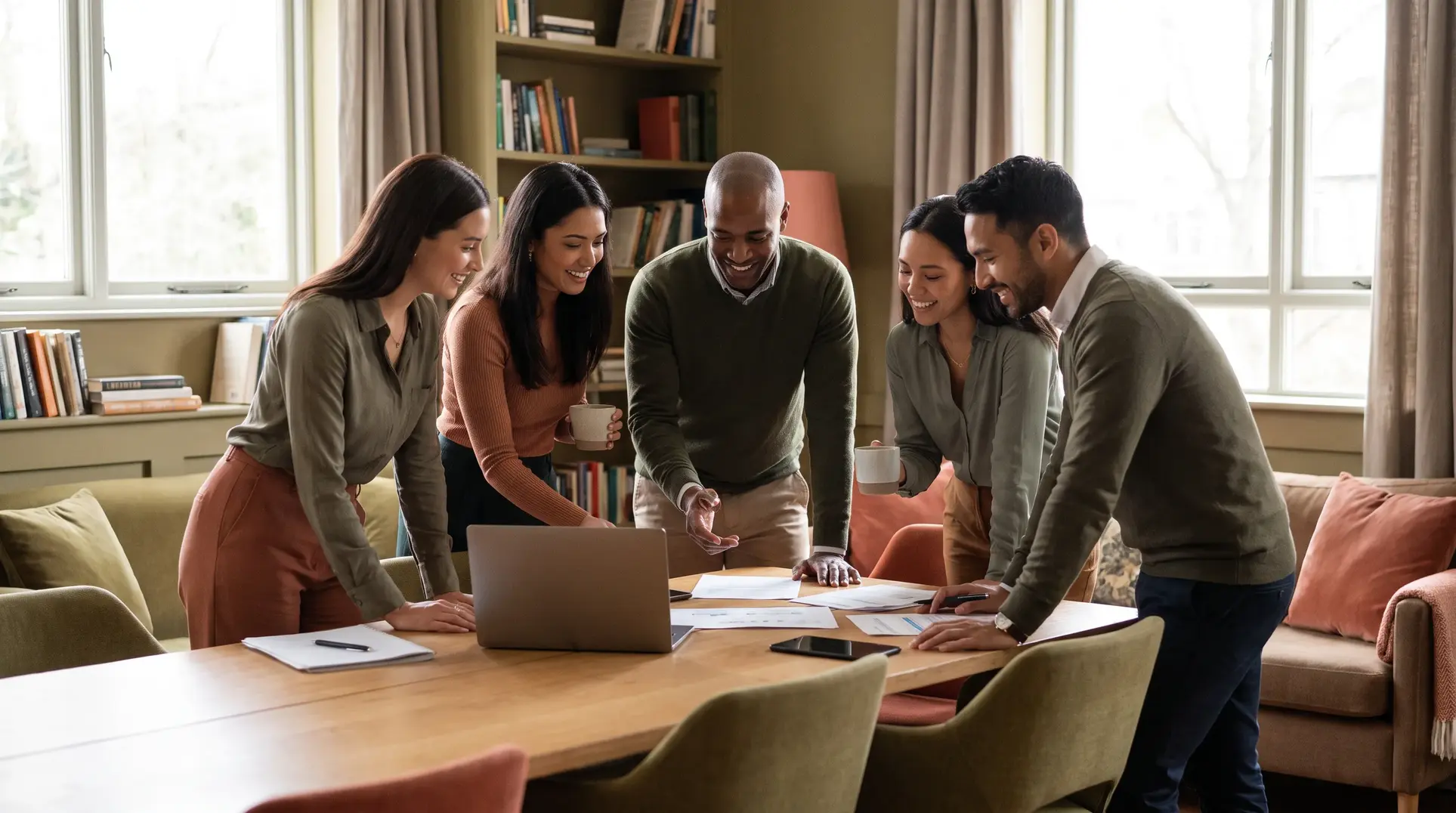 A group of people sitting around a table in an office or meeting room, engaging in a discussion or collaborative activity. The table has a laptop, papers, and coffee mugs, while the background features bookshelves and large windows.