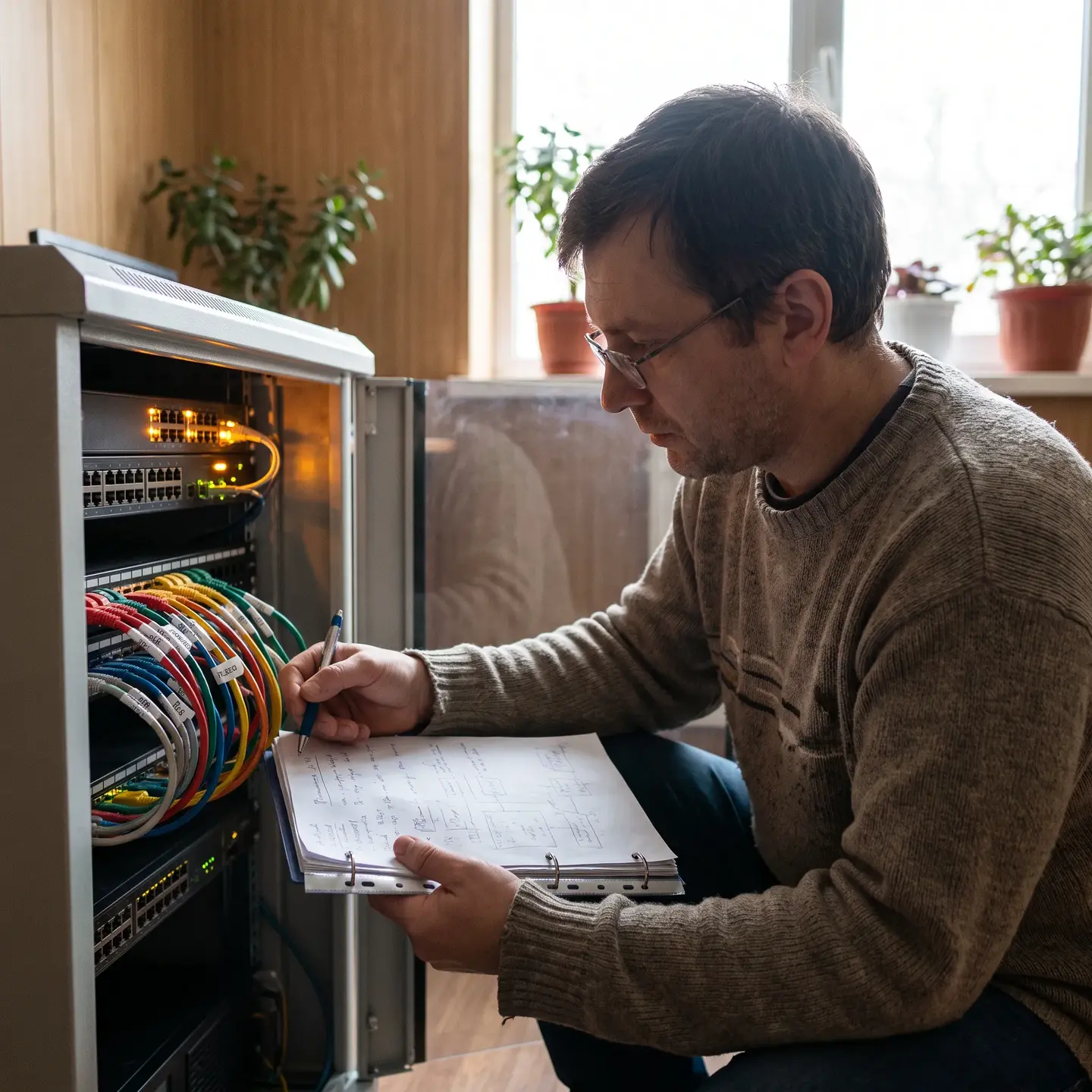 IT manager labeling cables on server rack before relocation