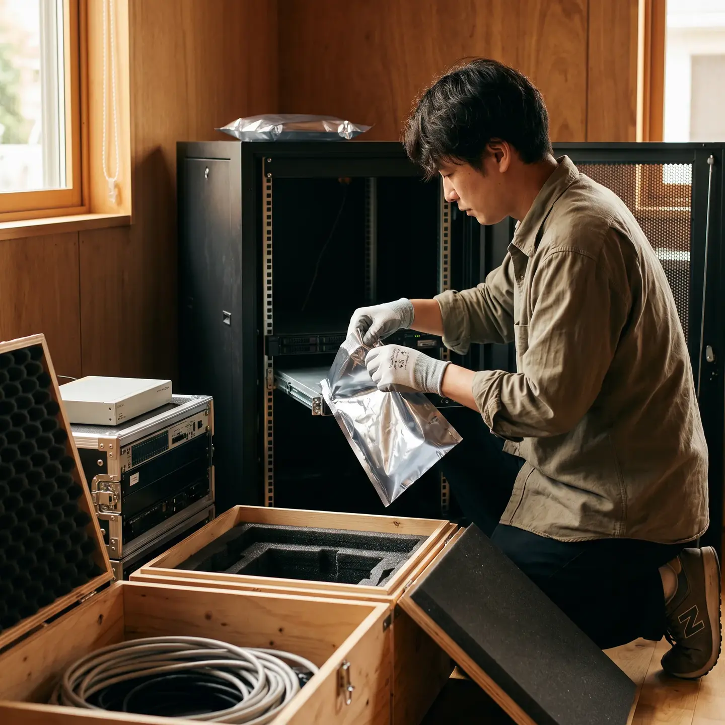 Server rack preparation with antistatic materials for shipping