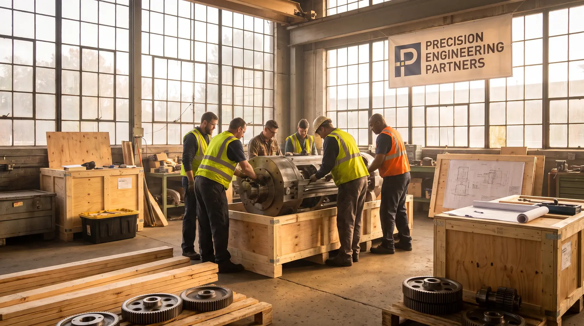 A group of people in an industrial workshop setting are gathered around a large mechanical part placed on a wooden crate. They are wearing safety vests, and one person has a hard hat, suggesting they work in an engineering or mechanical field. The room contains tools, wooden crates, and blueprints, with a sign on the wall reading 'Precision Engineering Partners.' The space is brightly lit with natural light coming from large windows.