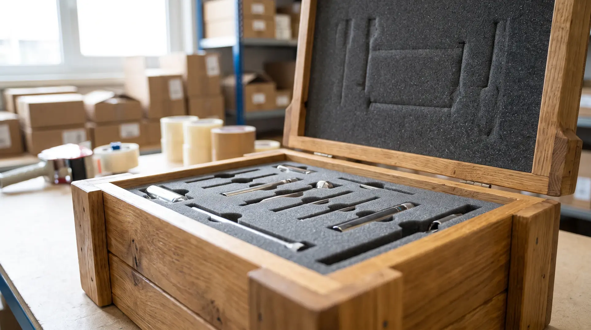 An open wooden box with a foam interior featuring various compartments for holding tools or instruments. The background shows a workshop setting with shelves containing boxes and rolls of tape.