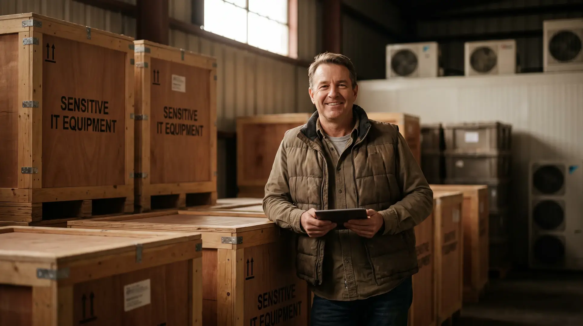 A person standing in a warehouse surrounded by large wooden crates labeled 'Sensitive IT Equipment.' They are holding a tablet and smiling, with additional crates and industrial air conditioning units visible in the background.